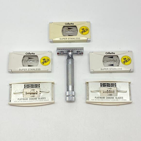 Vintage MERKUR Germany Chrome Double Edge Twist Handle Razor + Gillette Blades